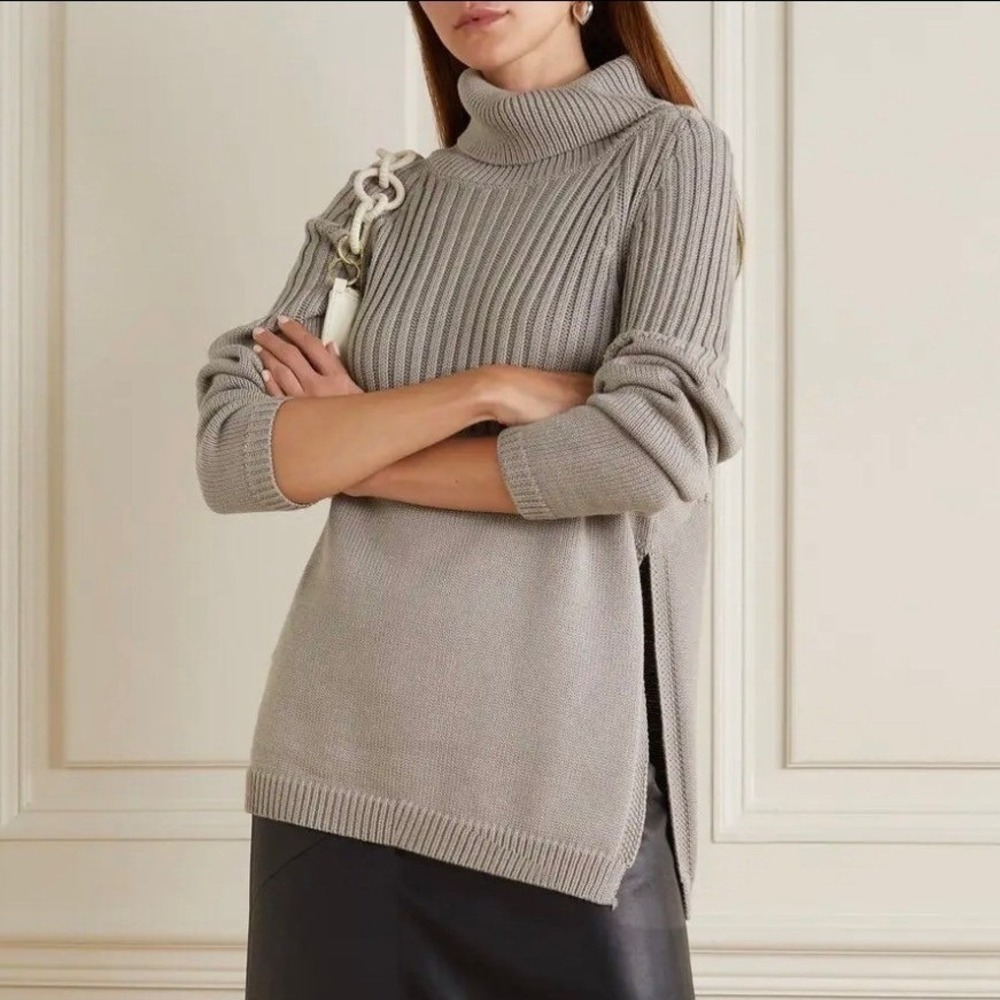 Mother of Pearl Turtleneck Sweater Designer Knitwear L Grey Cotton Wool Slit